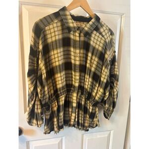 Free People We The Free Plaid Cinched Waist Peplum Shirt Green Black ~ SZ L